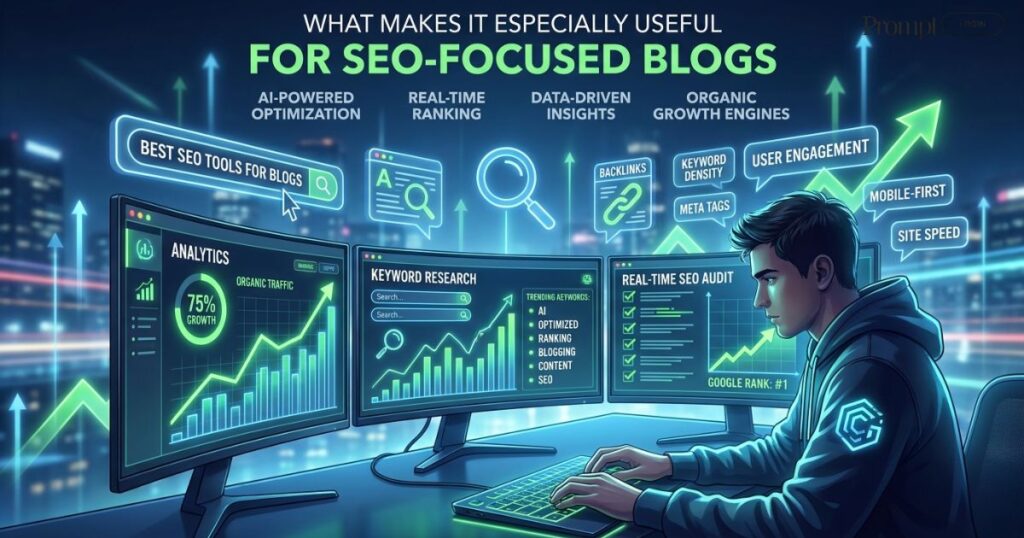 LongShot AI SEO-focused blogging workspace with keyword research dashboards, content optimization tools, analytics graphs, and AI-powered writing features for higher Google rankings.