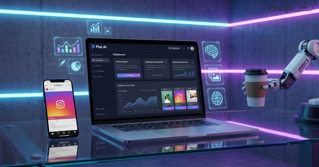 Plai AI marketing platform displayed on a modern laptop screen with digital advertising analytics and social media campaign tools.