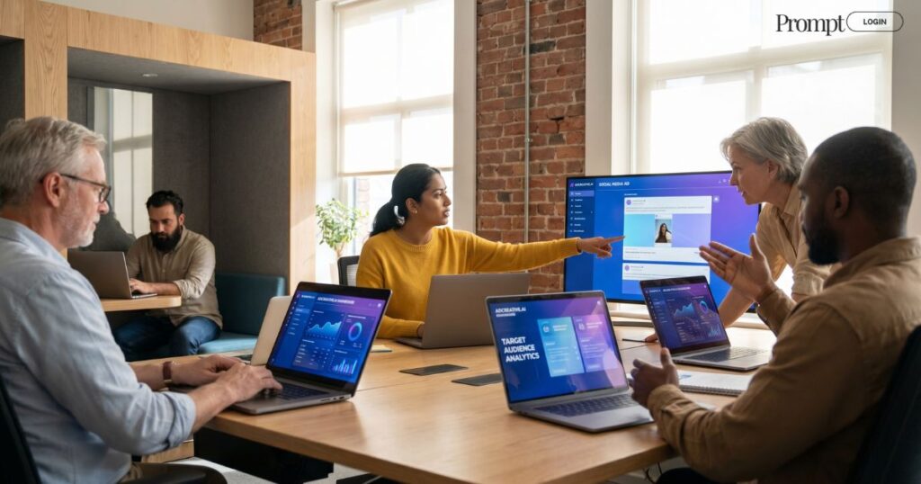 Marketing professionals and ecommerce business owners using AdCreative.AI to create AI-powered advertising campaigns in a modern office