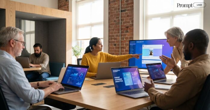 Marketing professionals and ecommerce business owners using AdCreative.AI to create AI-powered advertising campaigns in a modern office
