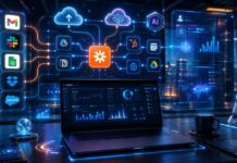 Zapier Review 2026: Is It Still the Best Automation Tool? Futuristic automation dashboard showing AI-powered Zapier workflows, connected business apps, analytics, and smart productivity tools in a modern digital workspace.