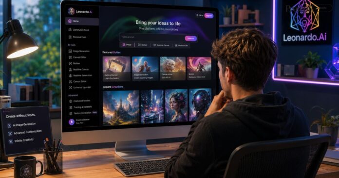 New user getting started with Leonardo AI, exploring AI image generation tools, creative templates, prompt controls, and artwork creation features on an easy-to-use dashboard.