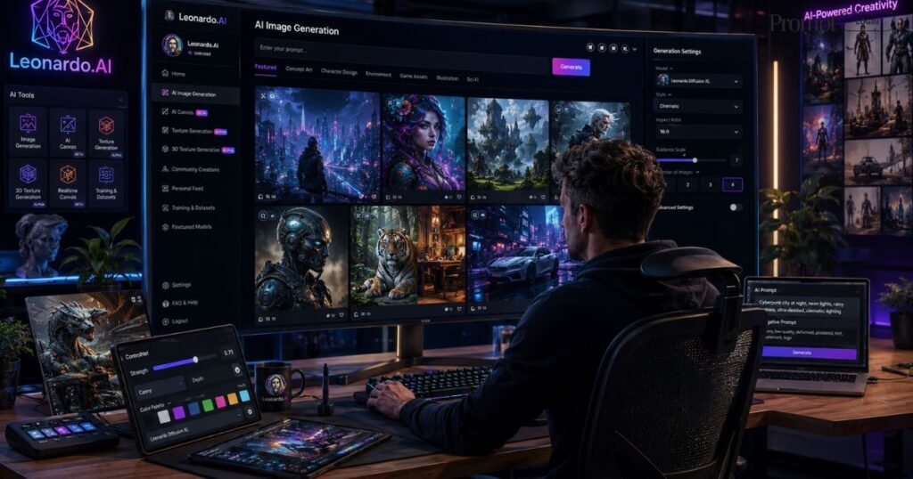 Leonardo AI interface showcasing advanced AI image generation, creative design tools, customizable art styles, and professional digital content creation workflow.
