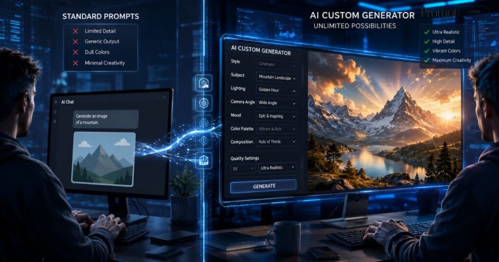 A futuristic split-screen digital workspace comparing standard AI prompts with an advanced custom AI generator dashboard, illustrating how structured prompt fields create ultra-realistic cinematic images while basic prompts produce simple, low-detail results.