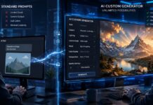 Make a DALL-E 3 Prompt Generator with ChatGPT A futuristic split-screen digital workspace comparing standard AI prompts with an advanced custom AI generator dashboard, illustrating how structured prompt fields create ultra-realistic cinematic images while basic prompts produce simple, low-detail results.