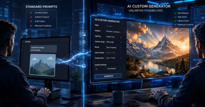 A futuristic split-screen digital workspace comparing standard AI prompts with an advanced custom AI generator dashboard, illustrating how structured prompt fields create ultra-realistic cinematic images while basic prompts produce simple, low-detail results.