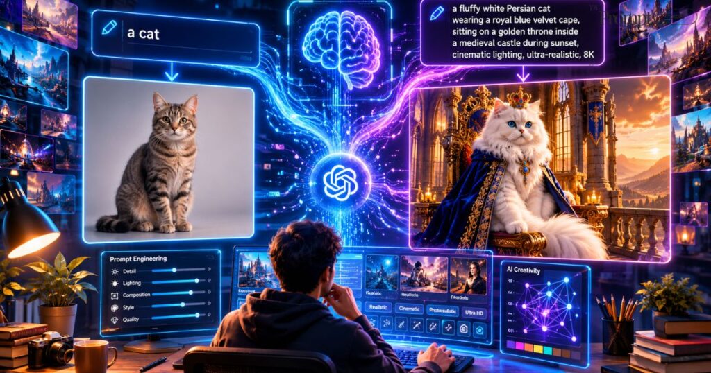 A futuristic split-screen digital workspace comparing standard AI prompts with a structured DALL·E 3 custom generator, showing how detailed prompts produce ultra-realistic cinematic AI artwork while generic prompts create simple low-detail images.
